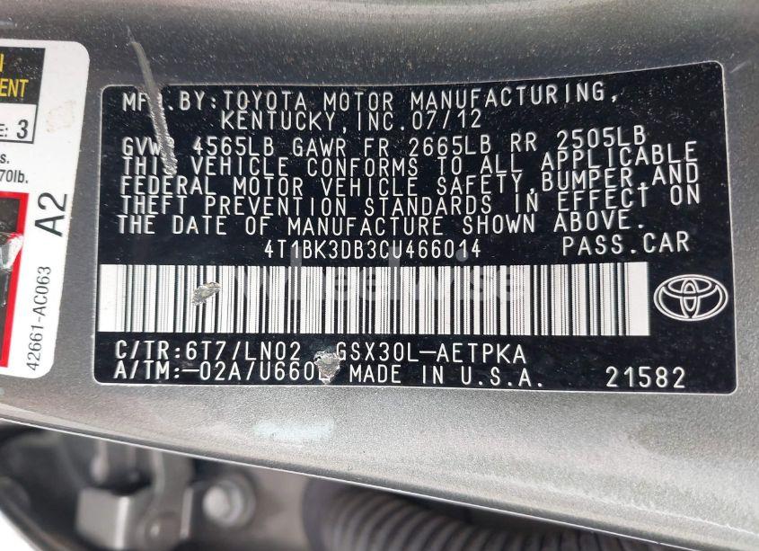 Photo 9 of 2012 Toyota Avalon LIMITED (VIN 4T1BK3DB3CU466014)