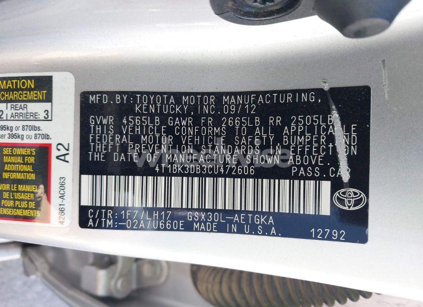 Photo 9 of 2012 Toyota Avalon (VIN 4T1BK3DB3CU472606)