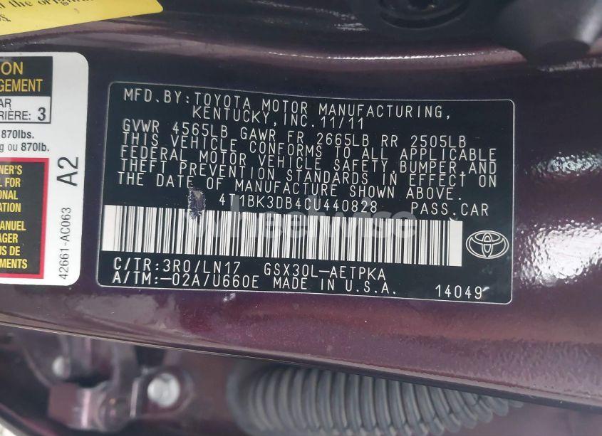 Photo 9 of 2012 Toyota Avalon LIMITED (VIN 4T1BK3DB4CU440828)