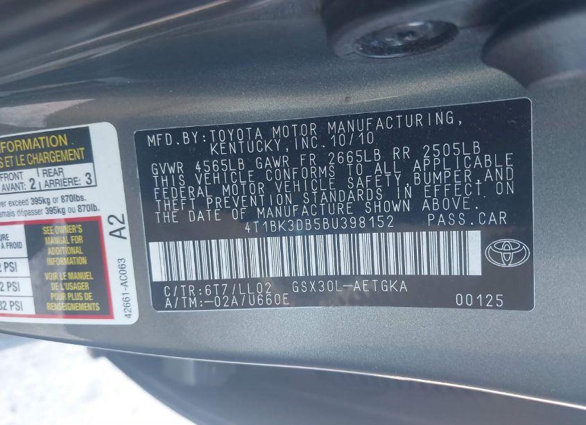 Photo 9 of 2011 Toyota Avalon (VIN 4T1BK3DB5BU398152)