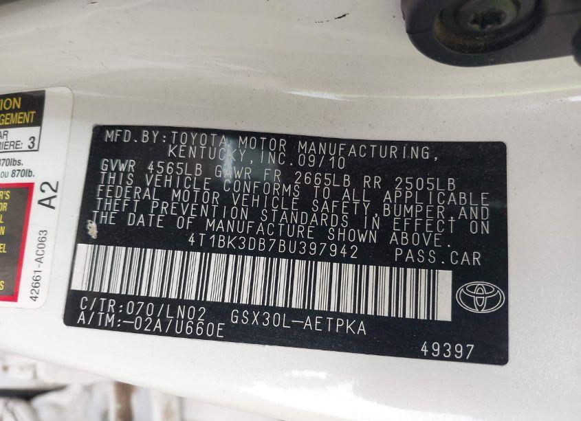 Photo 9 of 2011 Toyota Avalon LIMITED (VIN 4T1BK3DB7BU397942)