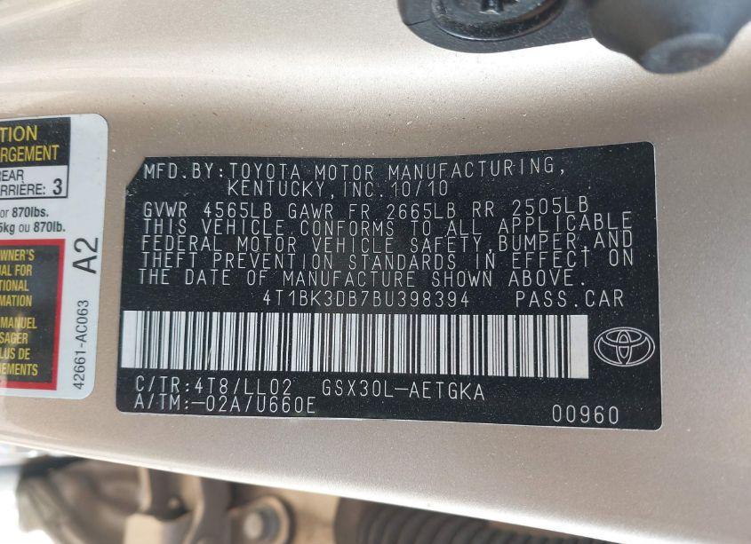 Photo 9 of 2011 Toyota Avalon (VIN 4T1BK3DB7BU398394)