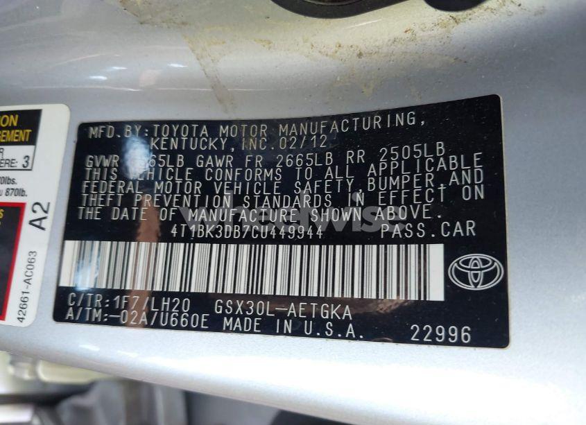 Photo 9 of 2012 Toyota Avalon (VIN 4T1BK3DB7CU449944)