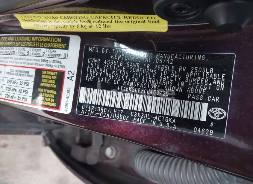 Photo 9 of 2012 Toyota Avalon (VIN 4T1BK3DB7CU463729)