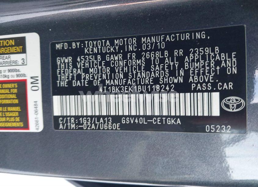Photo 9 of 2011 Toyota Camry XLE V6 (VIN 4T1BK3EK1BU118242)