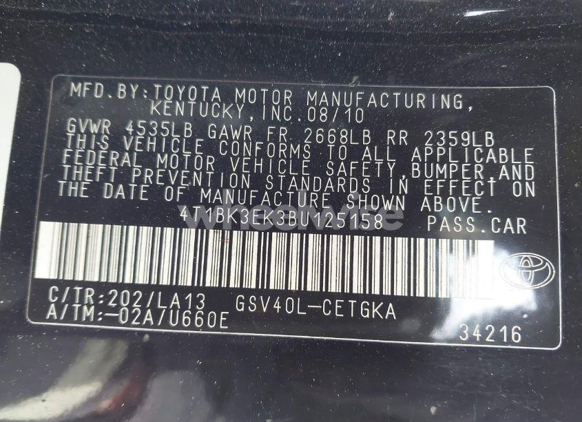 Photo 9 of 2011 Toyota Camry XLE V6 (VIN 4T1BK3EK3BU125158)