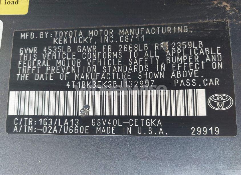 Photo 9 of 2011 Toyota Camry XLE V6 (VIN 4T1BK3EK3BU132997)