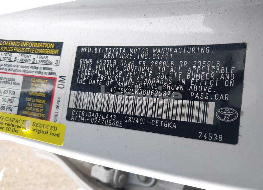 Photo 9 of 2011 Toyota Camry XLE V6 (VIN 4T1BK3EK3BU625871)