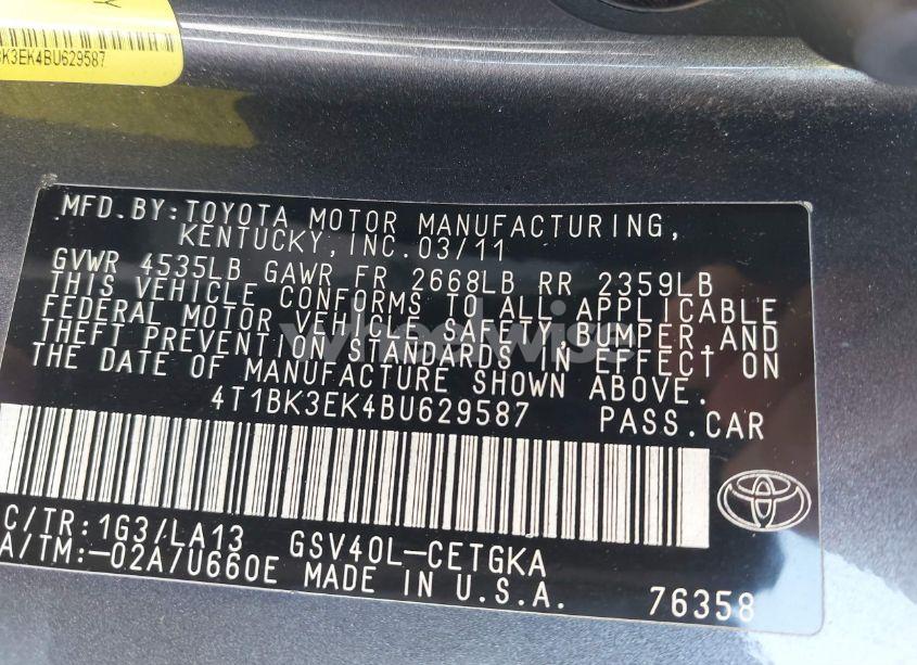 Photo 9 of 2011 Toyota Camry SE/LE/XLE (VIN 4T1BK3EK4BU629587)