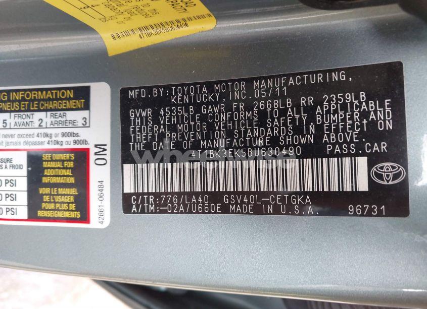 Photo 9 of 2011 Toyota Camry XLE V6 (VIN 4T1BK3EK5BU630490)