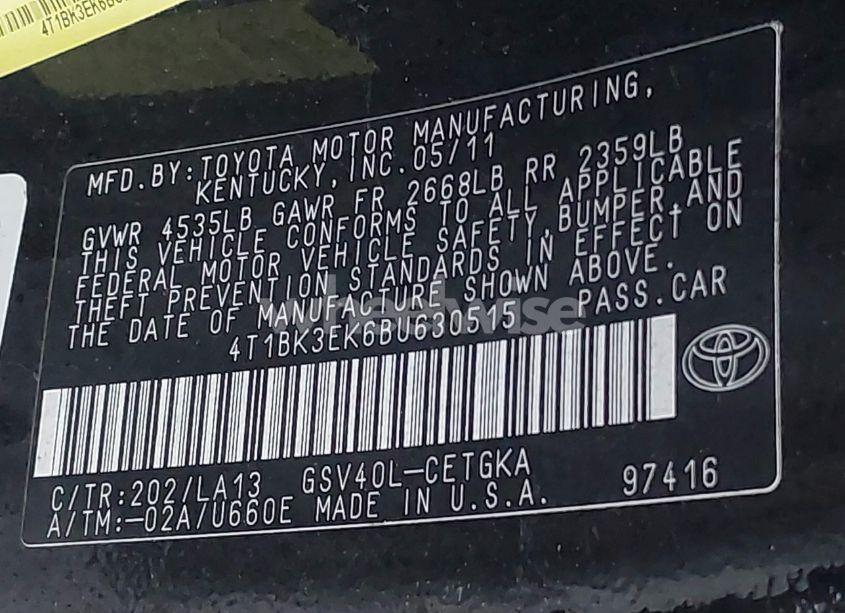 Photo 9 of 2011 Toyota Camry XLE V6 (VIN 4T1BK3EK6BU630515)