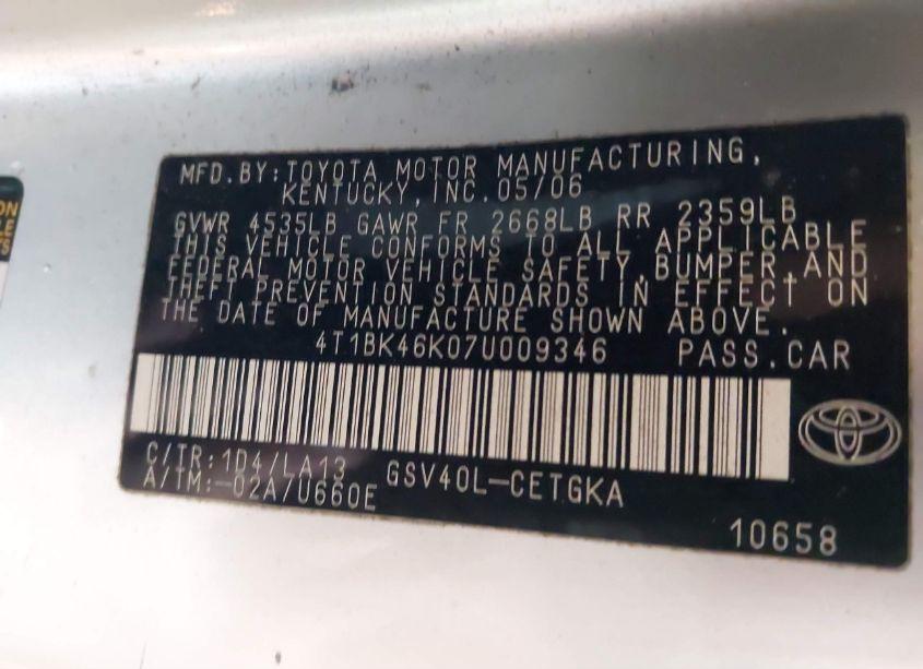 Photo 9 of 2007 Toyota Camry XLE V6 (VIN 4T1BK46K07U009346)