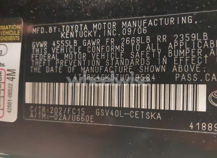 Photo 9 of 2007 Toyota Camry SE V6 (VIN 4T1BK46K07U019584)