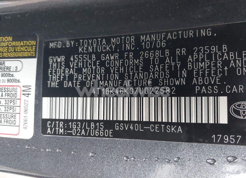 Photo 9 of 2007 Toyota Camry SE V6 (VIN 4T1BK46K07U022582)