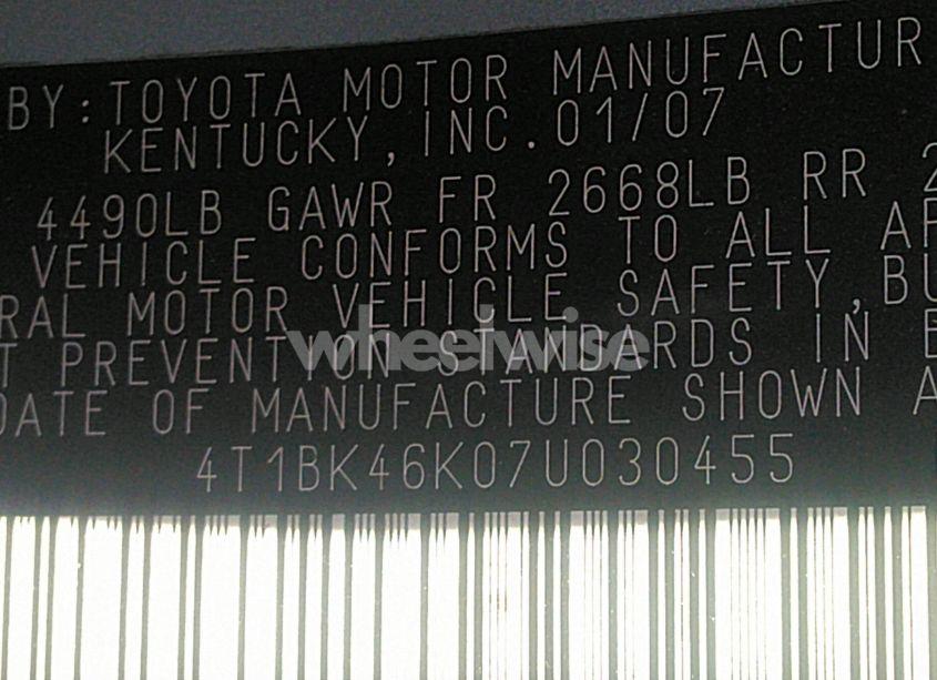 Photo 9 of 2007 Toyota Camry LE V6 (VIN 4T1BK46K07U030455)