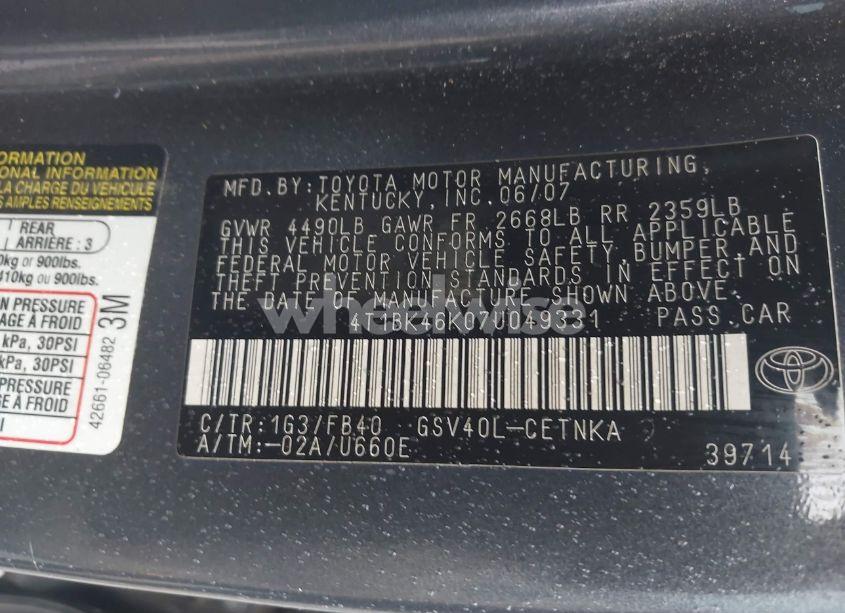 Photo 9 of 2007 Toyota Camry LE V6 (VIN 4T1BK46K07U049331)