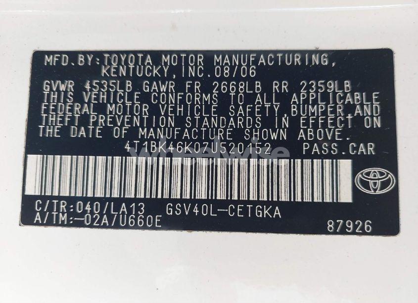 Photo 9 of 2007 Toyota Camry XLE V6 (VIN 4T1BK46K07U520152)