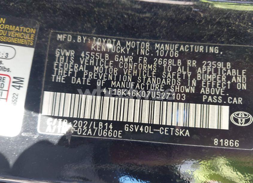 Photo 9 of 2007 Toyota Camry SE V6 (VIN 4T1BK46K07U527103)