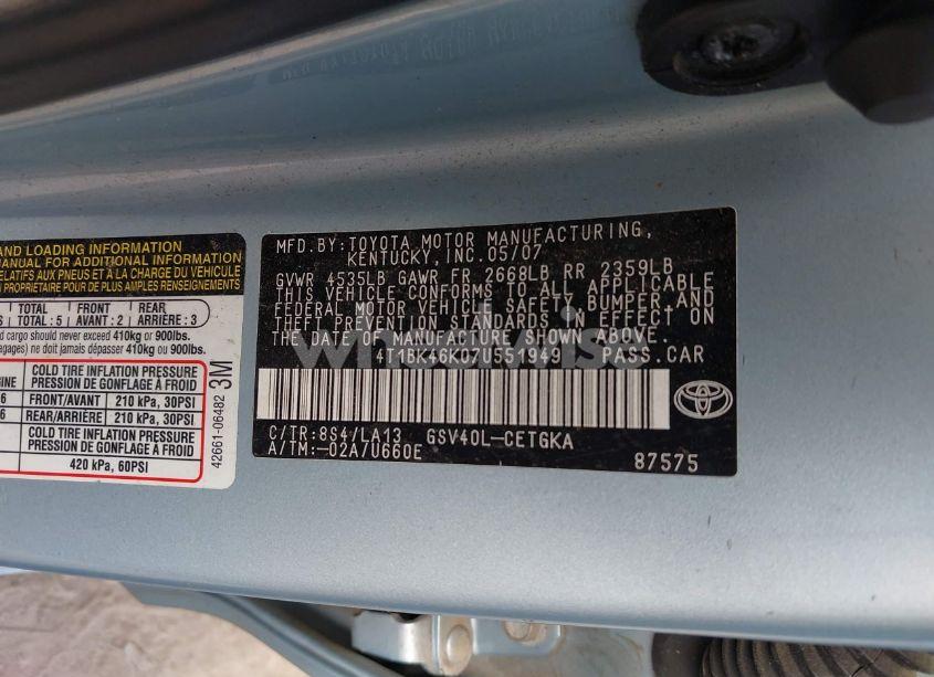 Photo 9 of 2007 Toyota Camry LE V6/SE V6/XLE V6 (VIN 4T1BK46K07U551949)