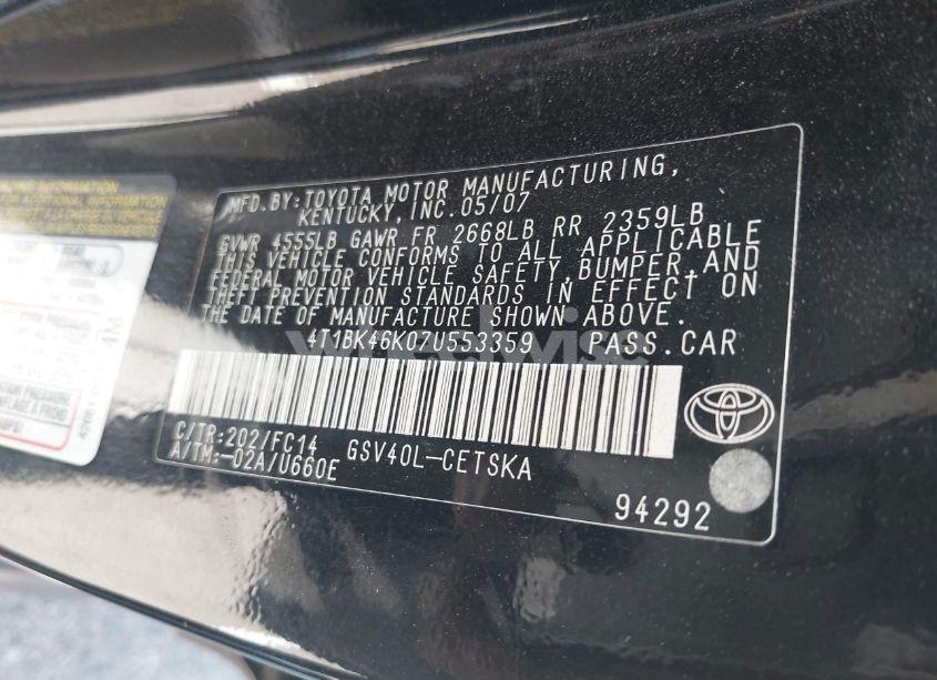 Photo 9 of 2007 Toyota Camry SE V6 (VIN 4T1BK46K07U553359)