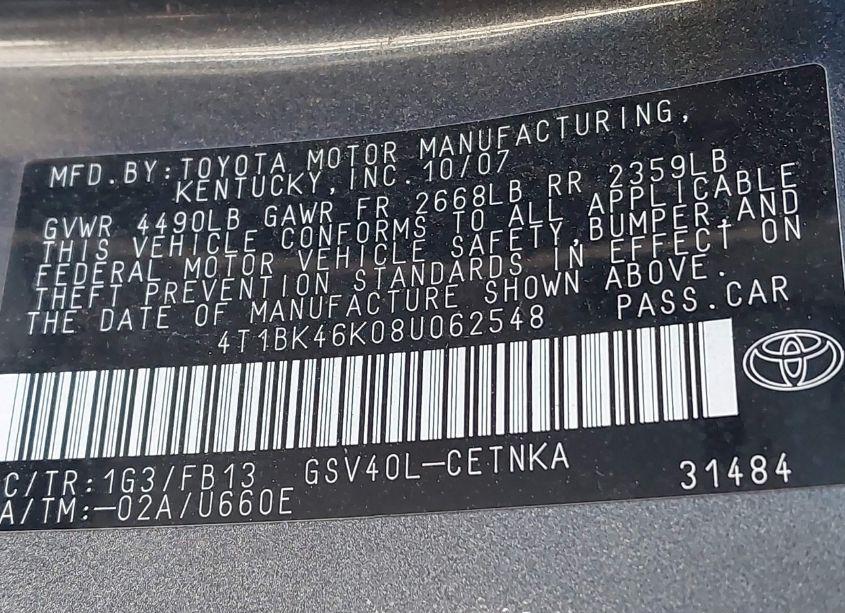 Photo 9 of 2008 Toyota Camry LE V6 (VIN 4T1BK46K08U062548)