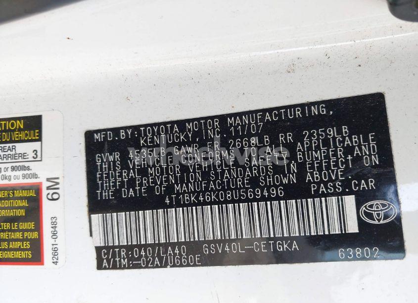 Photo 9 of 2008 Toyota Camry XLE V6 (VIN 4T1BK46K08U569496)