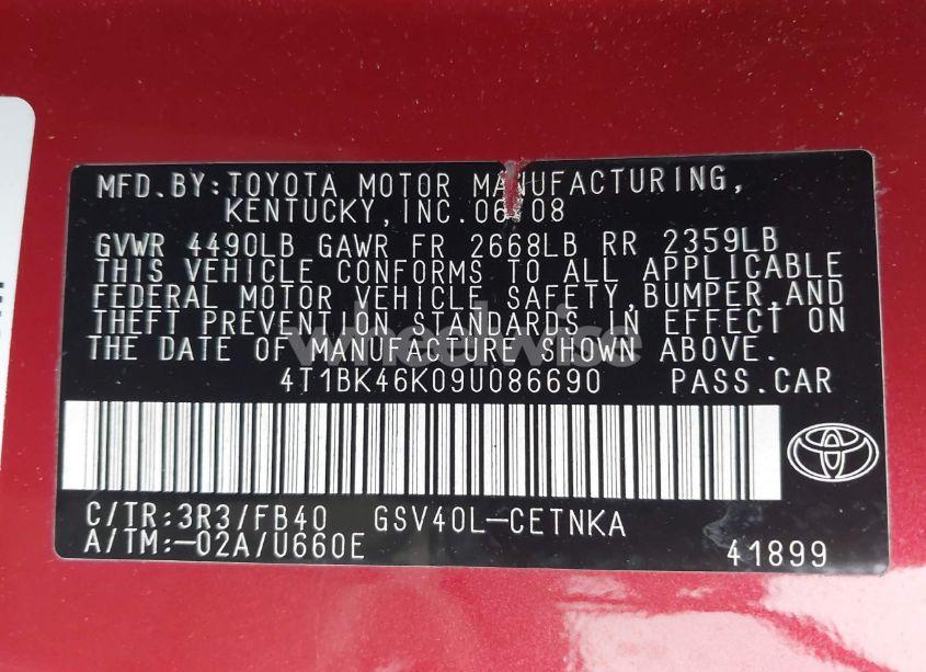 Photo 9 of 2009 Toyota Camry LE V6 (VIN 4T1BK46K09U086690)