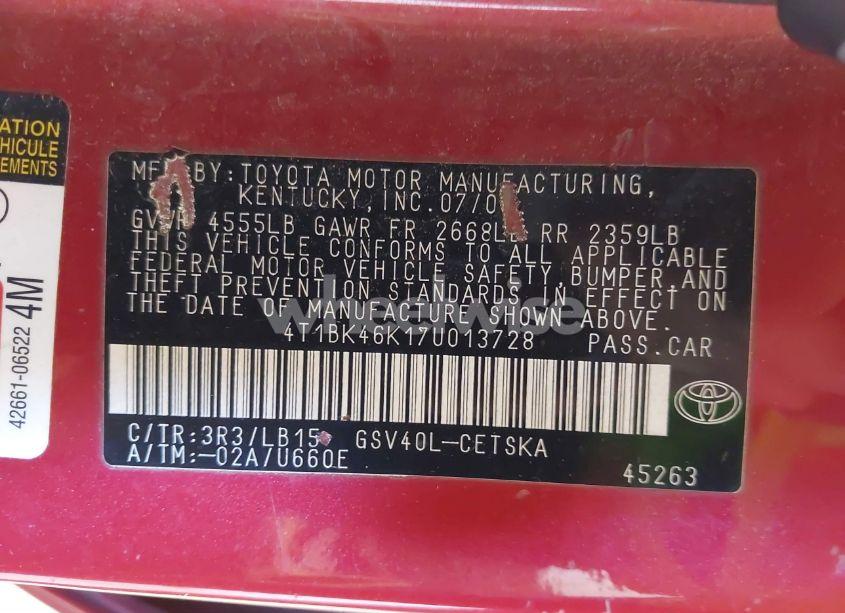 Photo 9 of 2007 Toyota Camry SE V6 (VIN 4T1BK46K17U013728)