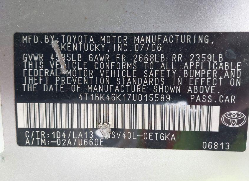 Photo 9 of 2007 Toyota Camry XLE V6 (VIN 4T1BK46K17U015589)