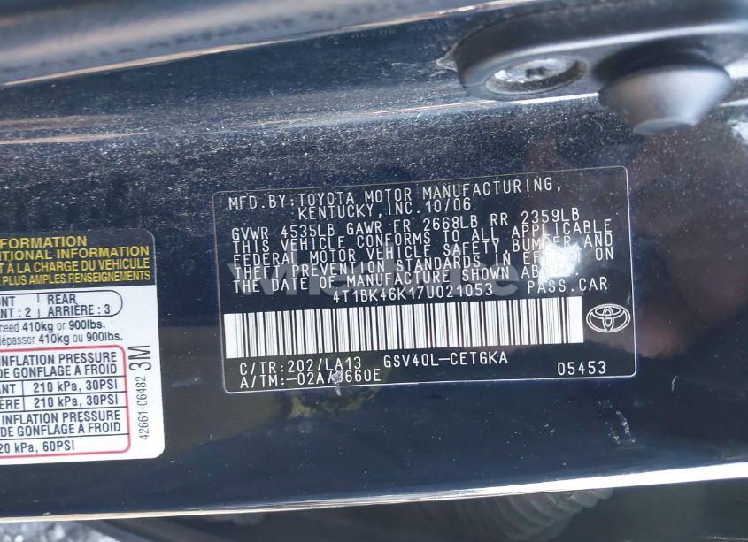 Photo 9 of 2007 Toyota Camry XLE V6 (VIN 4T1BK46K17U021053)