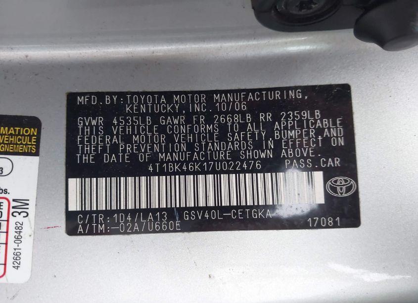 Photo 9 of 2007 Toyota Camry XLE V6 (VIN 4T1BK46K17U022476)