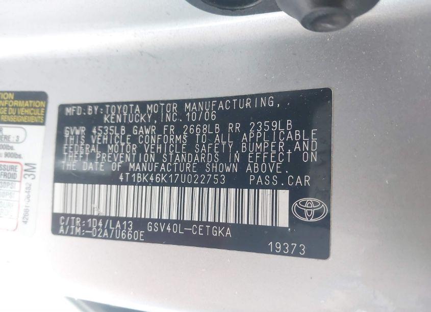 Photo 9 of 2007 Toyota Camry XLE V6 (VIN 4T1BK46K17U022753)