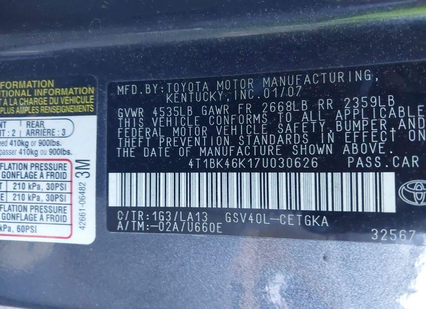 Photo 9 of 2007 Toyota Camry XLE V6 (VIN 4T1BK46K17U030626)