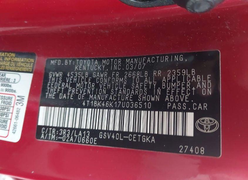 Photo 9 of 2007 Toyota Camry XLE V6 (VIN 4T1BK46K17U036510)