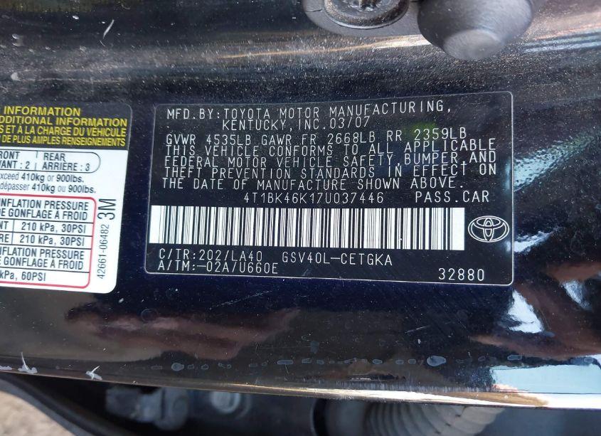 Photo 9 of 2007 Toyota Camry XLE V6 (VIN 4T1BK46K17U037446)