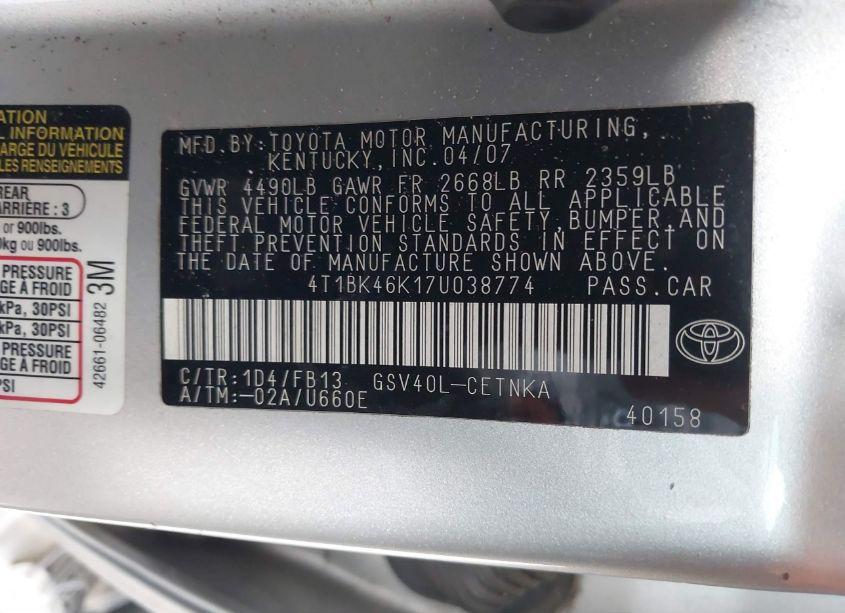 Photo 9 of 2007 Toyota Camry LE V6 (VIN 4T1BK46K17U038774)