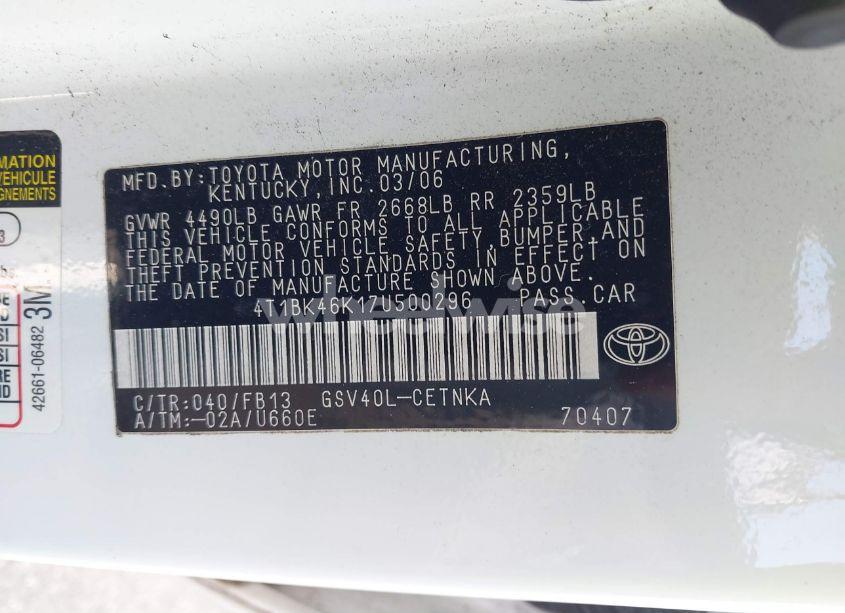 Photo 9 of 2007 Toyota Camry LE V6 (VIN 4T1BK46K17U500296)