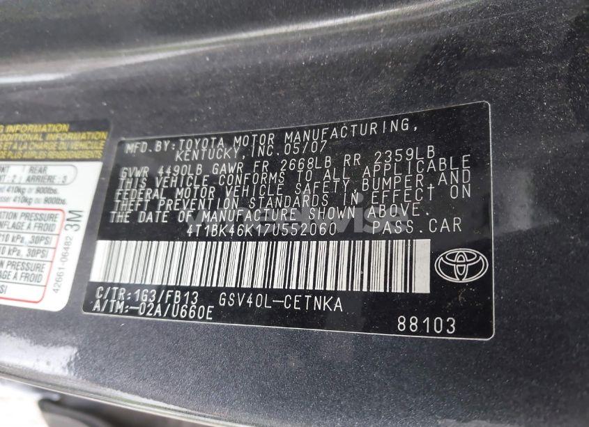 Photo 9 of 2007 Toyota Camry LE V6 (VIN 4T1BK46K17U552060)