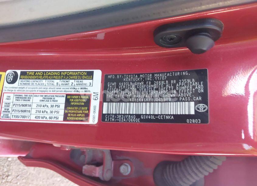 Photo 9 of 2008 Toyota Camry LE V6 (VIN 4T1BK46K18U065989)