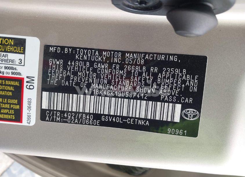 Photo 9 of 2009 Toyota Camry LE V6 (VIN 4T1BK46K19U587412)
