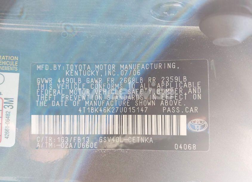 Photo 9 of 2007 Toyota Camry LE V6 (VIN 4T1BK46K27U015147)