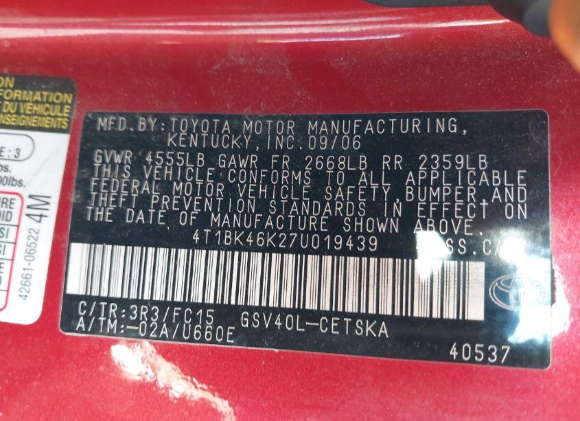 Photo 9 of 2007 Toyota Camry SE V6 (VIN 4T1BK46K27U019439)