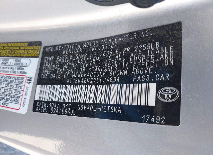 Photo 9 of 2007 Toyota Camry SE V6 (VIN 4T1BK46K27U034894)