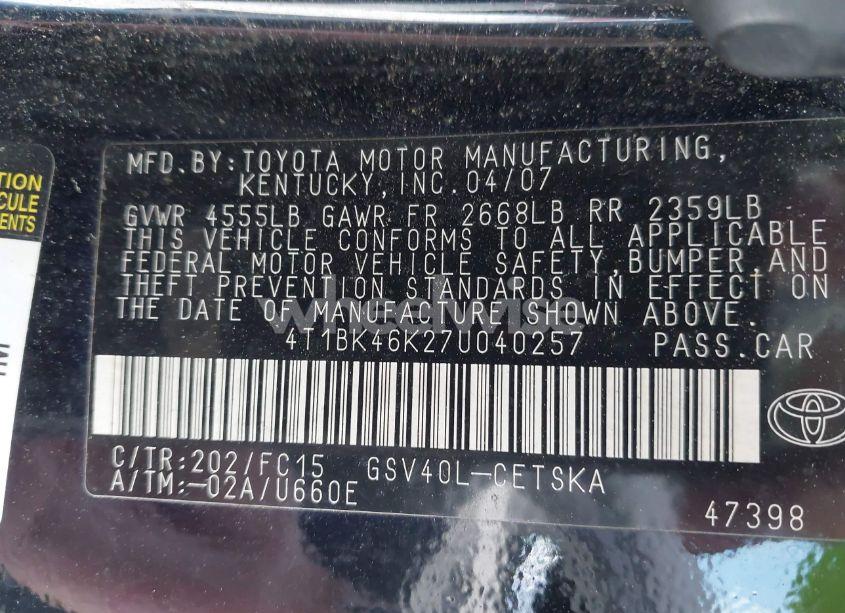 Photo 9 of 2007 Toyota Camry SE V6 (VIN 4T1BK46K27U040257)