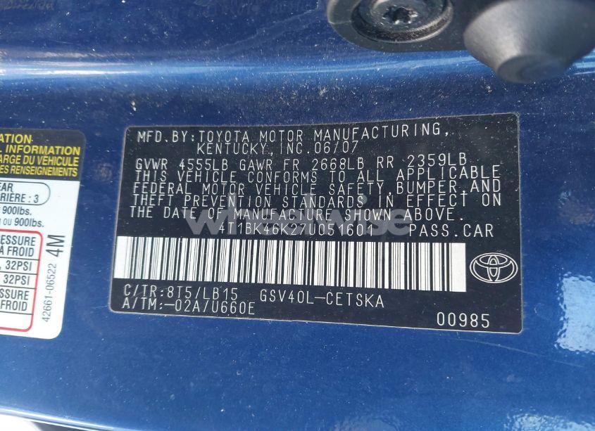 Photo 9 of 2007 Toyota Camry SE V6 (VIN 4T1BK46K27U051601)