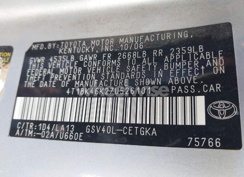 Photo 9 of 2007 Toyota Camry XLE V6 (VIN 4T1BK46K27U526101)