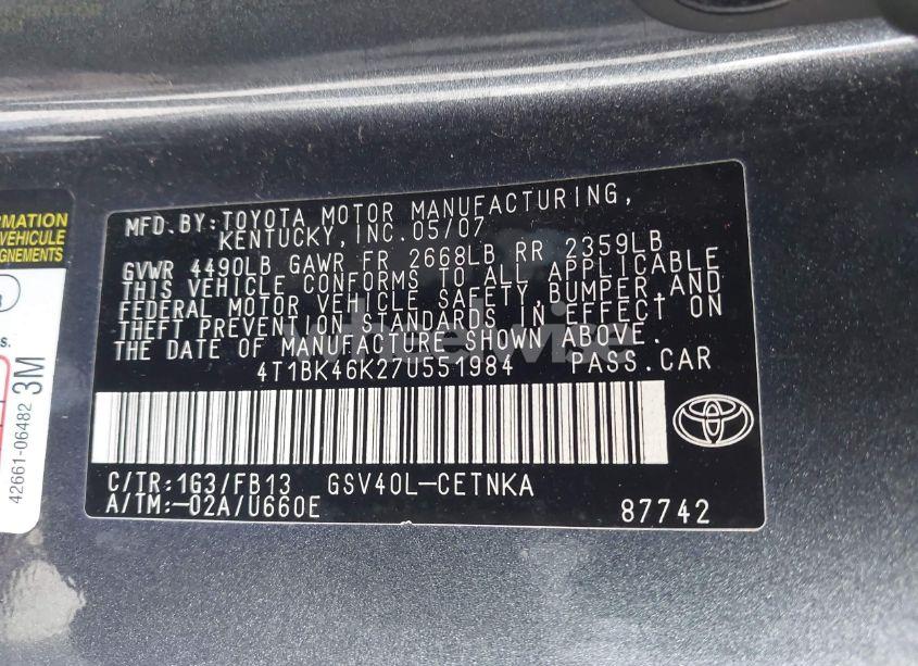 Photo 9 of 2007 Toyota Camry LE V6 (VIN 4T1BK46K27U551984)