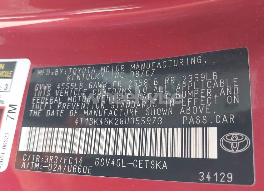 Photo 9 of 2008 Toyota Camry SE V6 (VIN 4T1BK46K28U055973)