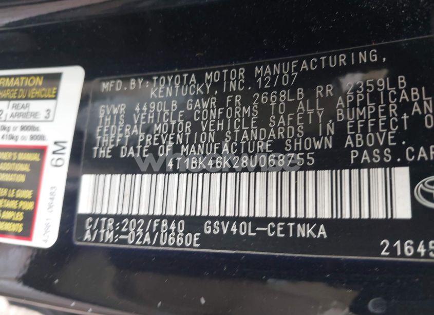 Photo 9 of 2008 Toyota Camry LE V6 (VIN 4T1BK46K28U068755)