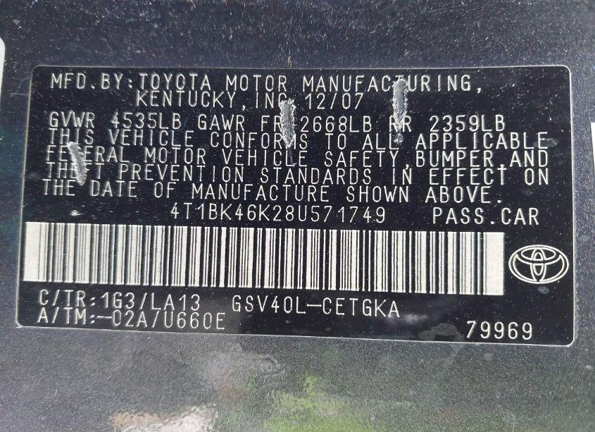 Photo 9 of 2008 Toyota Camry XLE V6 (VIN 4T1BK46K28U571749)